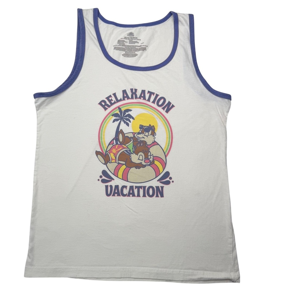 Disney Chip n Dale Relaxation Vacation Tank Top White Blue Trim Women's XS
